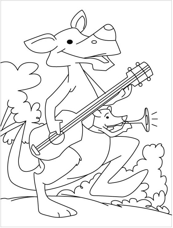 Äiti Kenguru soittamassa kitaraa ja vauva Kenguru soittamassa huilua Värityskuva