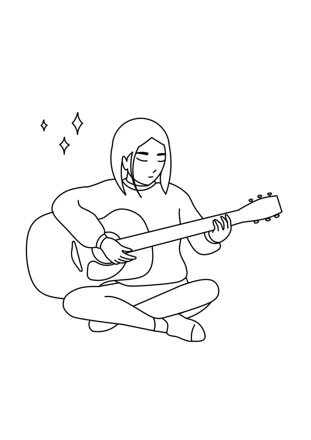 Animetyttö soittaa akustista kitaraa Värityskuva