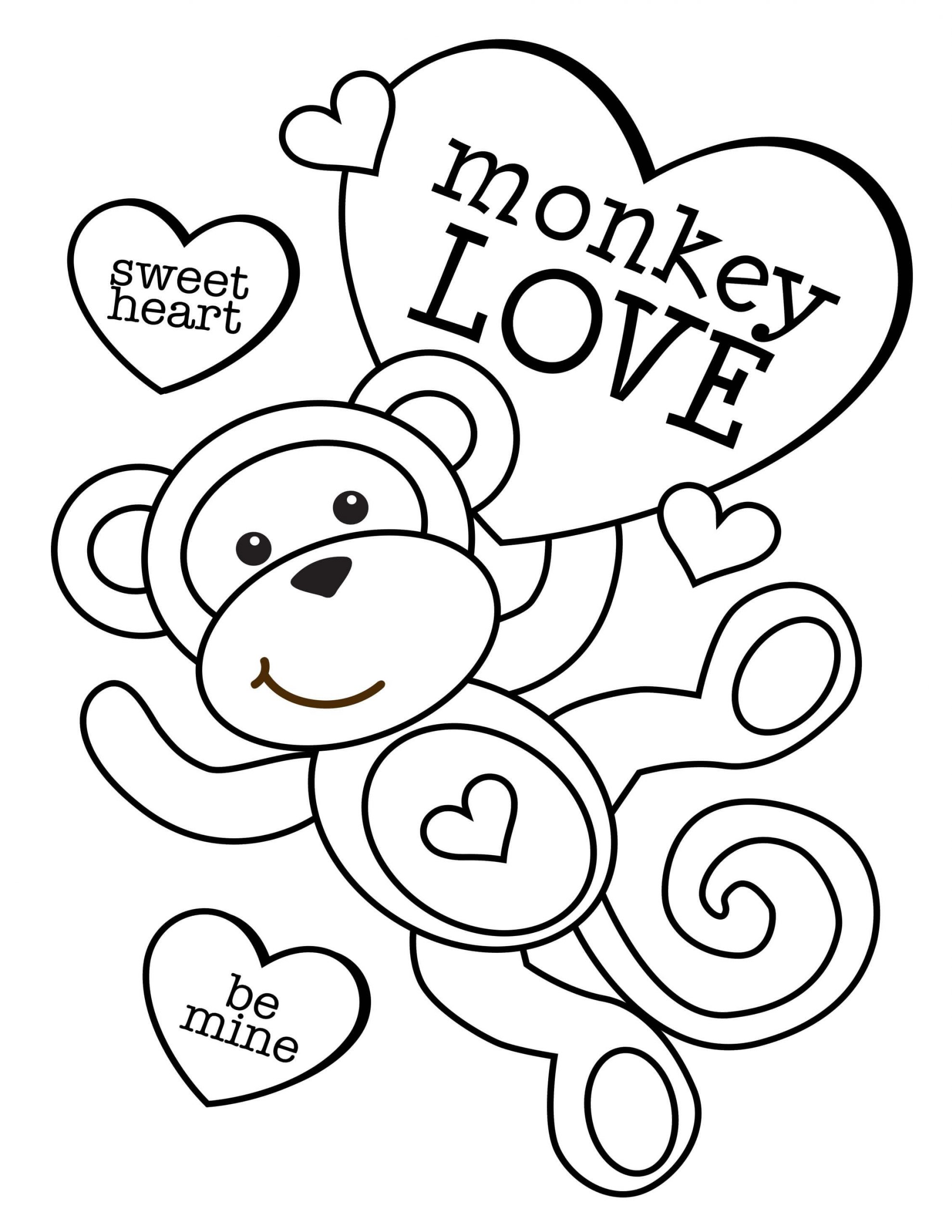 Apina kanssa Sydämet ystävänpäivänä Värityskuva