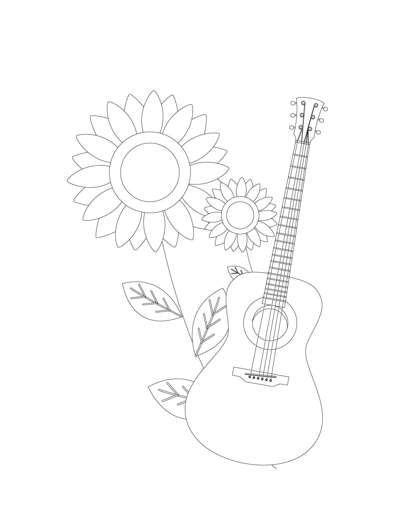 Auringonkukka ja kitara Värityskuva
