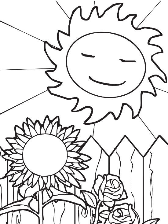 Aurinko auringonkukan ja ruusun kanssa Värityskuva