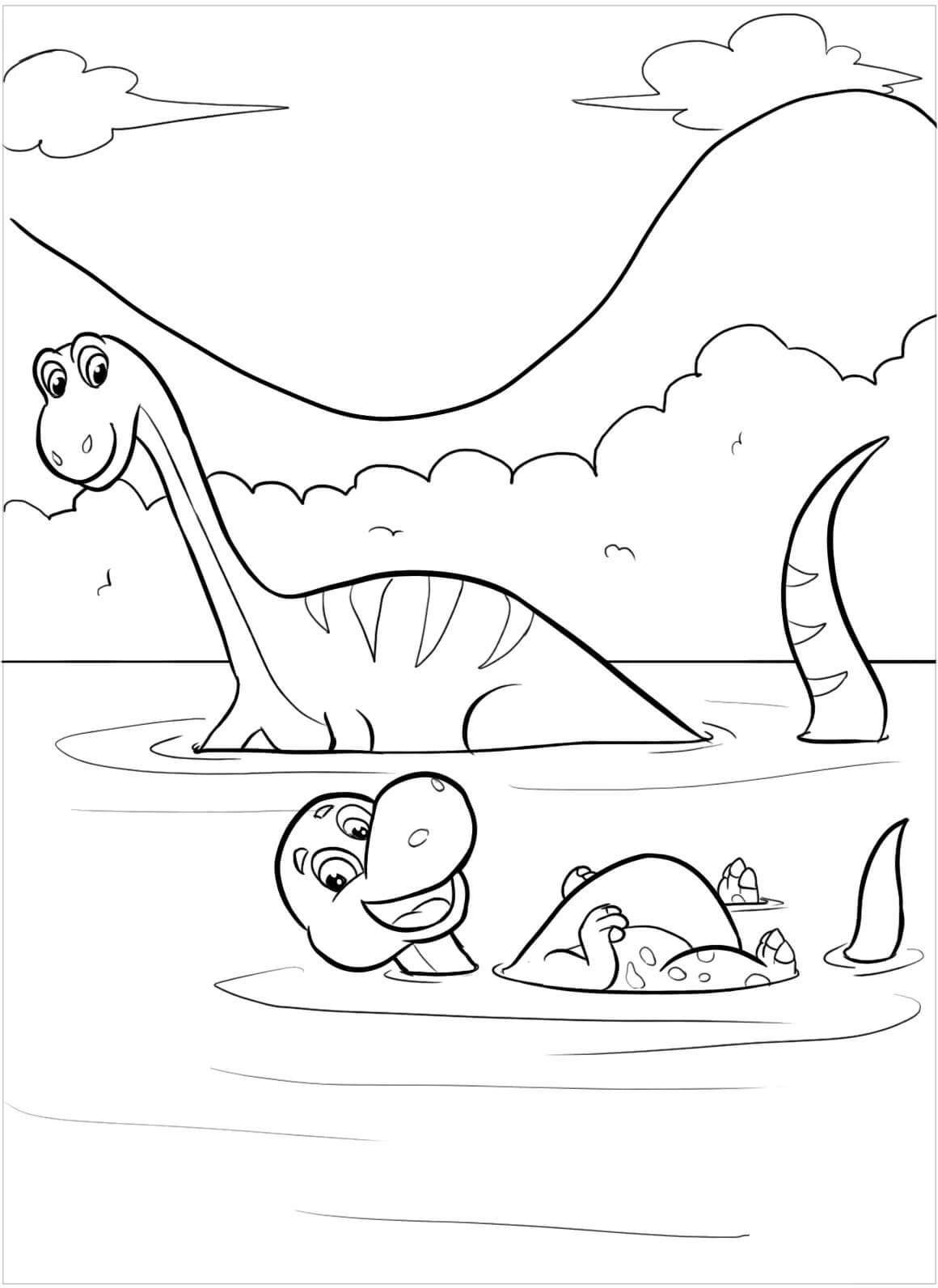 Dinosauruksen ja dinosaurusvauvan uinti Värityskuva