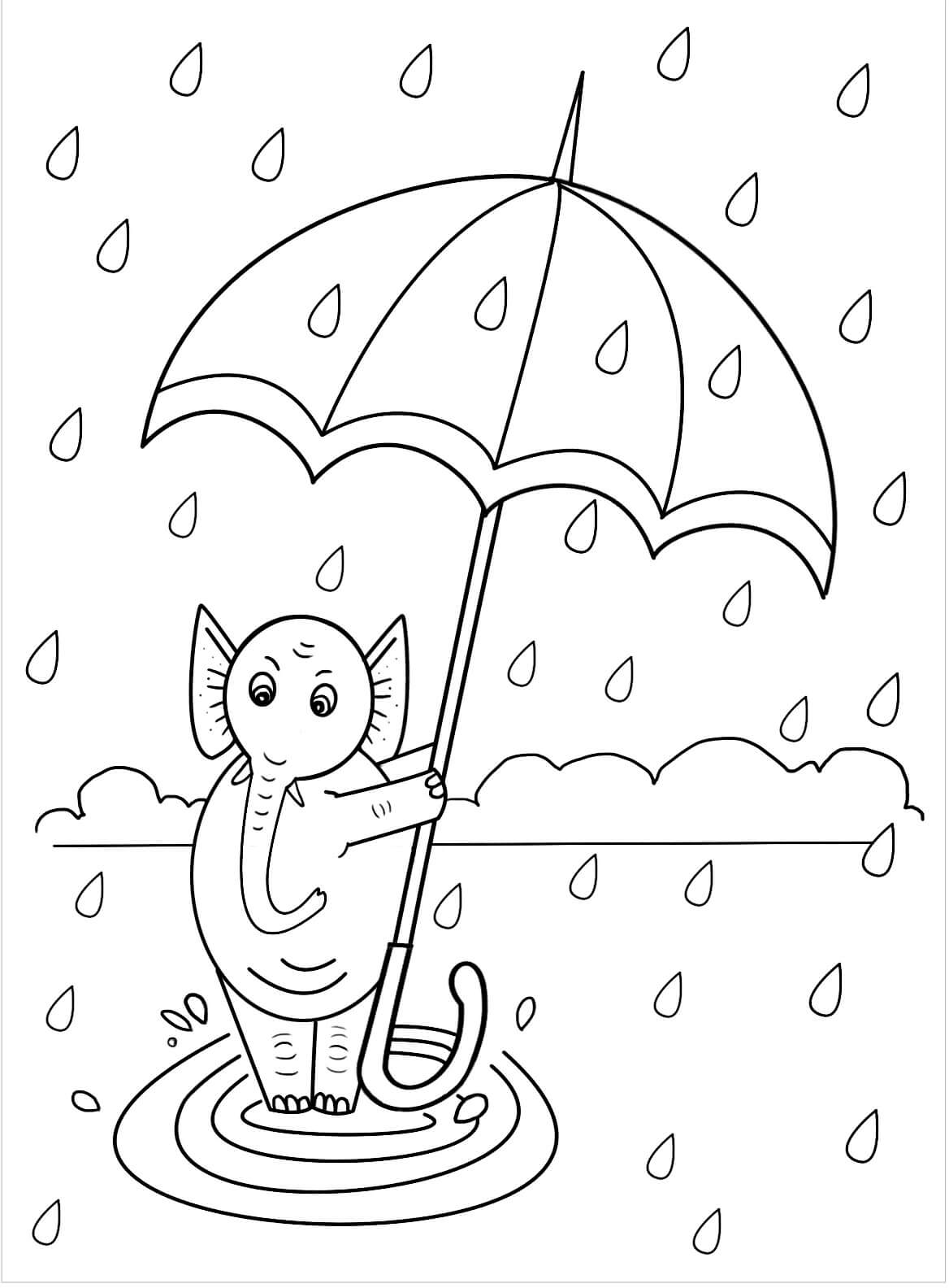 Elefantti pitelee sateenvarjoa Värityskuva