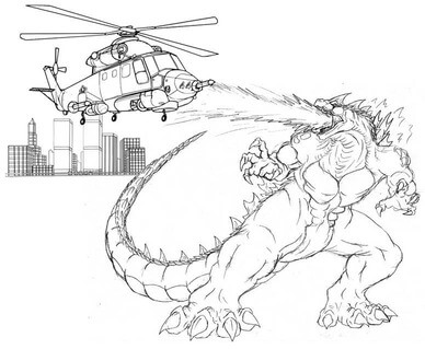 Godzilla hyökkää helikopteriin Värityskuva