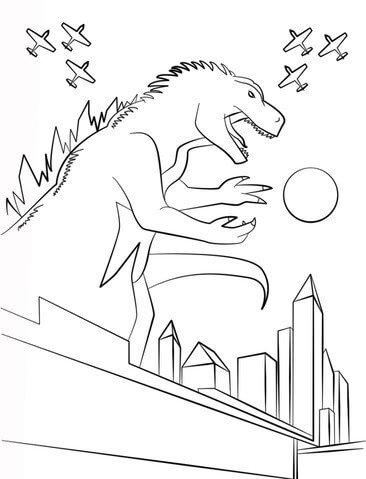 Godzilla kaupungin hävittäjäkoneissa Värityskuva