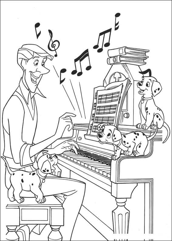 Hauska mies soittaa pianoa koirien kanssa Värityskuva