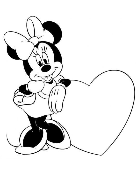 Hauska Minnie-hiiri sydämellä Ystävänpäivä Värityskuva