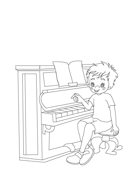 Hauska poika soittaa pianoa Värityskuva