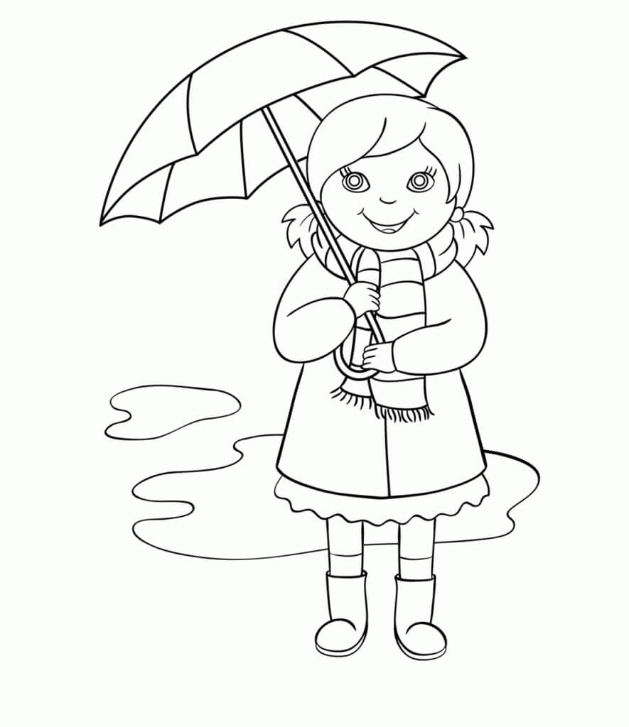 Hauska tyttö pitelee sateenvarjoa Värityskuva