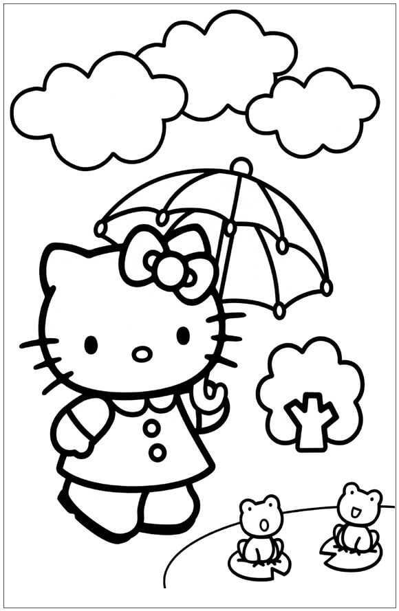 Hello Kitty pitelee sateenvarjoa ja kaksi sammakkoa Värityskuva