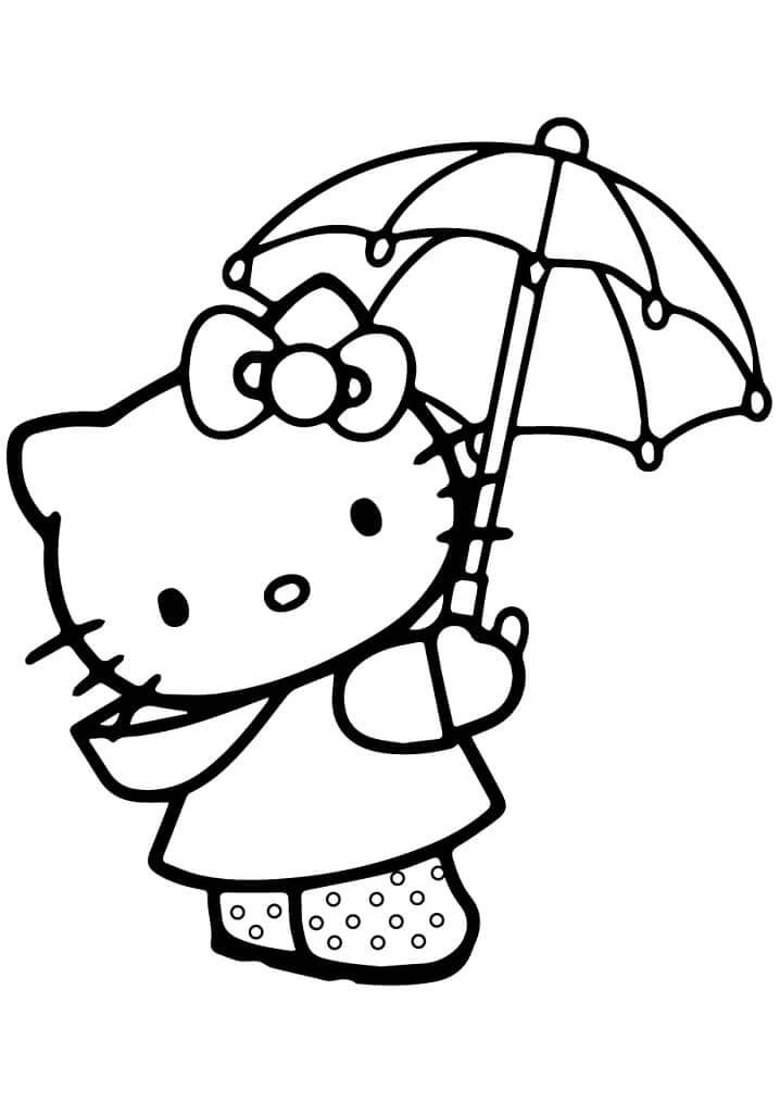 Hello Kitty pitelee sateenvarjoa Värityskuva