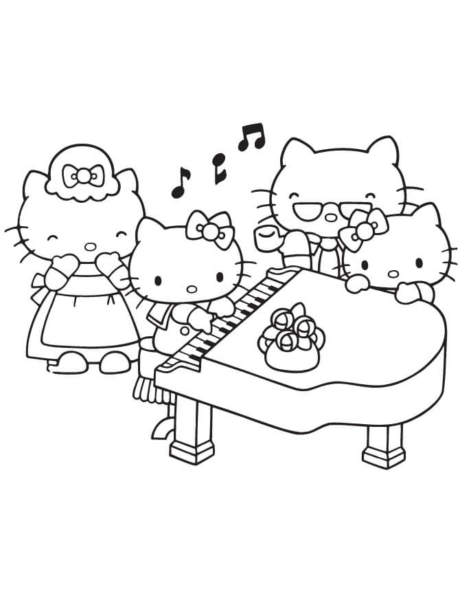 Hello Kitty soittaa pianoa perheen kanssa Värityskuva
