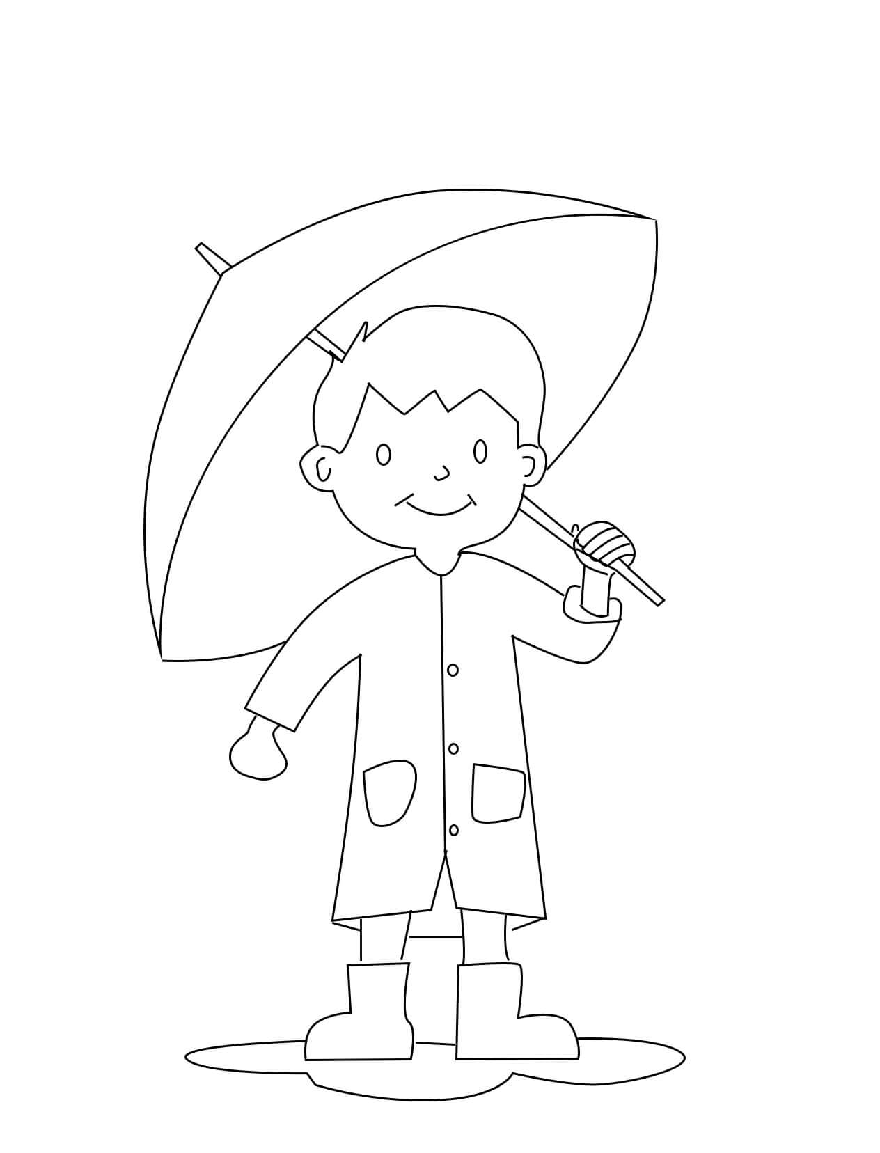 Hymyilevä poika, jolla on sateenvarjo Värityskuva