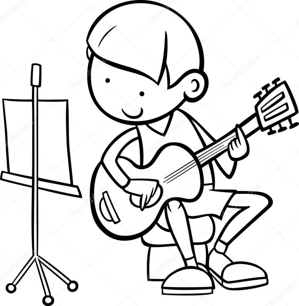 Hymyilevä poika soittaa kitaraa Värityskuva