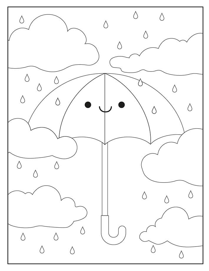 Hymyilevä sateenvarjo pilvien ja sadepisaroiden kanssa Värityskuva
