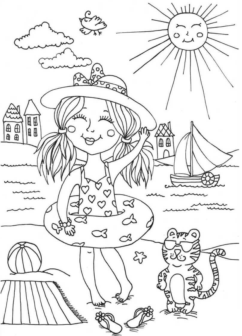 Hymyilevä tyttö ja kissa meressä uimaan Värityskuva