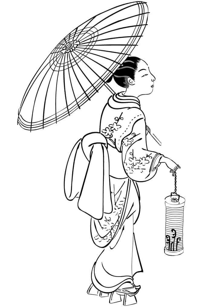 Japanilainen tyttö pitelee sateenvarjoa Värityskuva