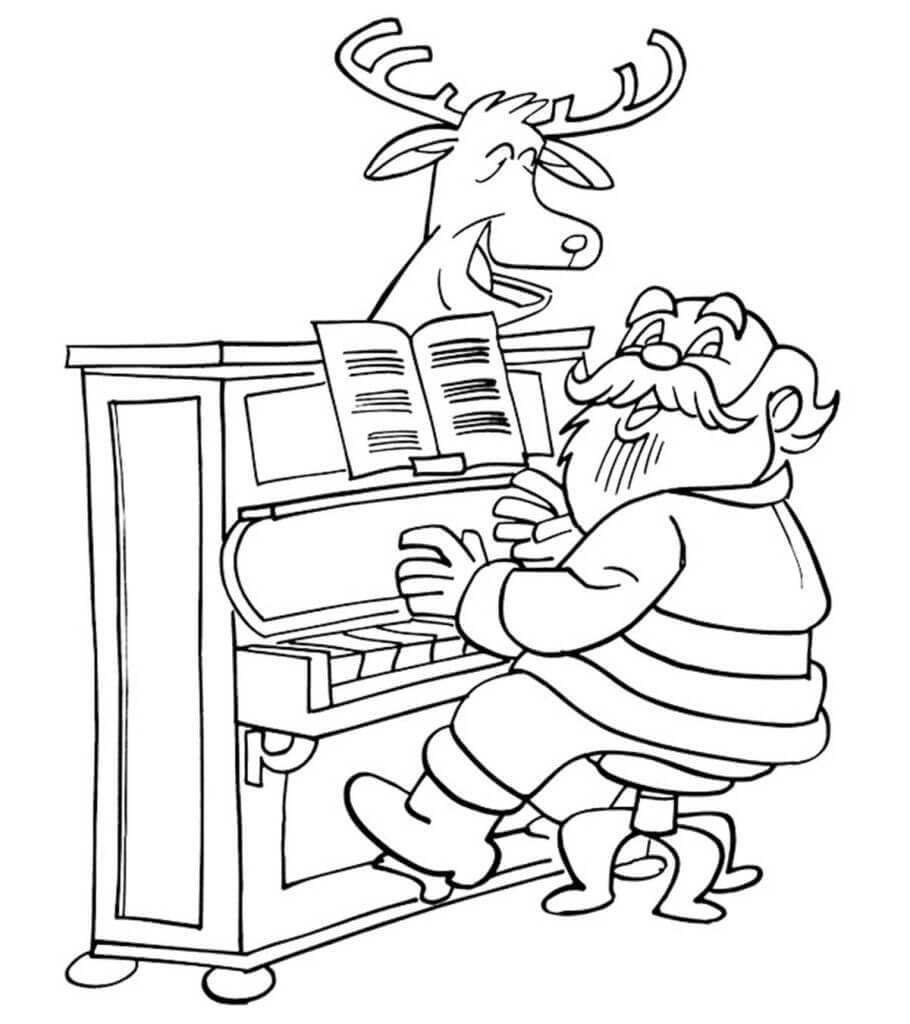 Joulupukki Soittaa Pianoa Poron Kanssa Värityskuva
