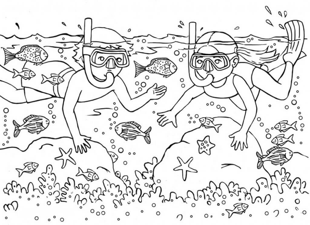 Kaksi lasta uimassa meressä Värityskuva