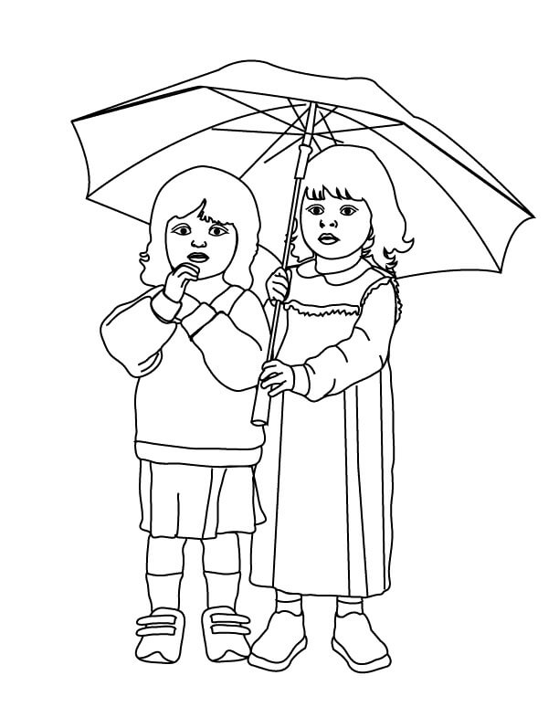 Kaksi pientä tyttöä pitelevät sateenvarjoa Värityskuva