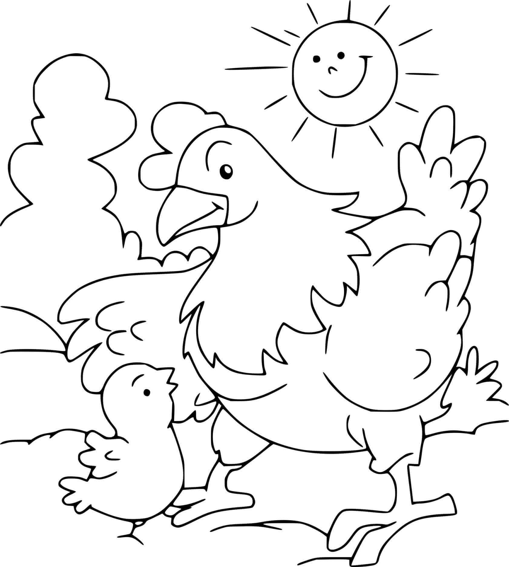 Kana ja poikanen auringossa Värityskuva
