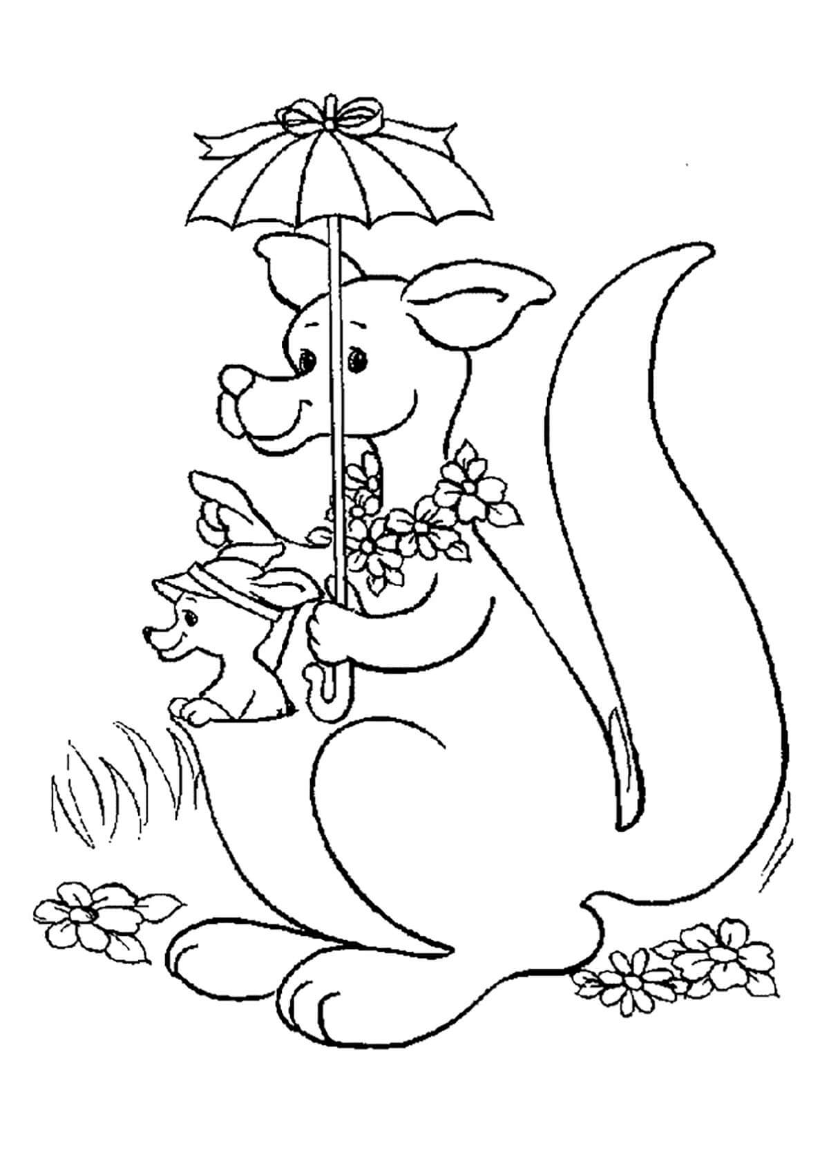 Kangaroo pitelee sateenvarjoa kenguruvauvan kanssa Värityskuva