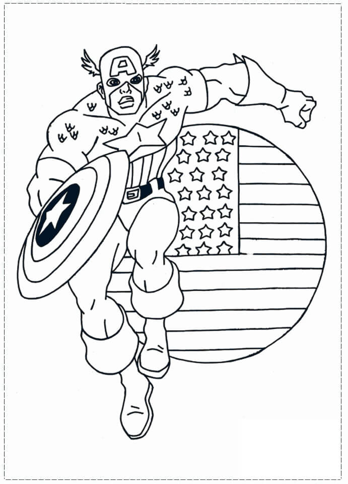 Kapteeni Amerikka juoksee Yhdysvaltain lipun kanssa Värityskuva