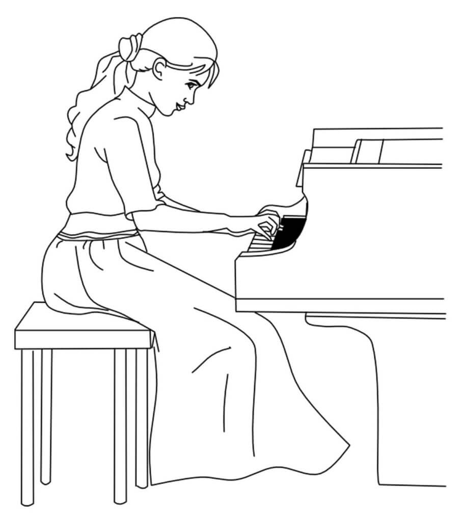 Kaunis tyttö soittaa pianoa Värityskuva