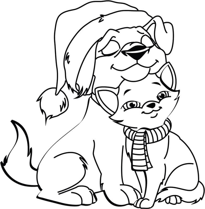 Koira ja kissa jouluna Värityskuva
