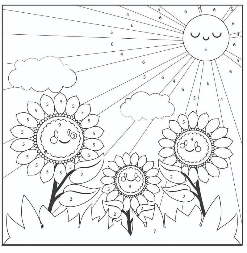 Kolme auringonkukkaa auringon värillä numeron mukaan Värityskuva - Lataa,  tulosta tai väritä verkossa ilmaiseksi