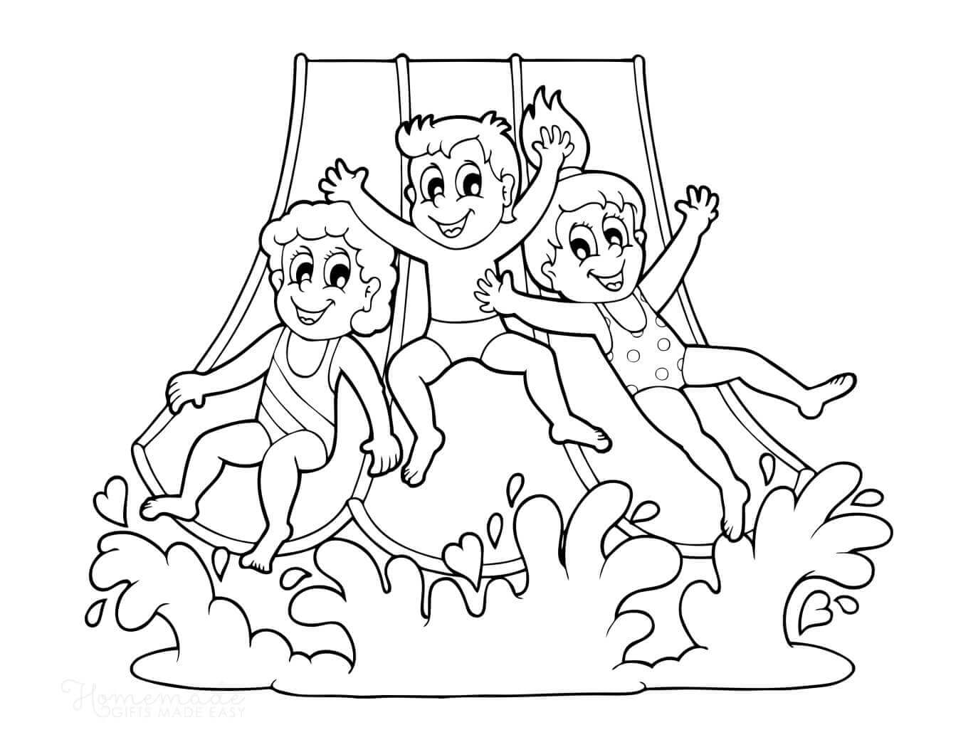 Kolme lasta uimassa Värityskuva