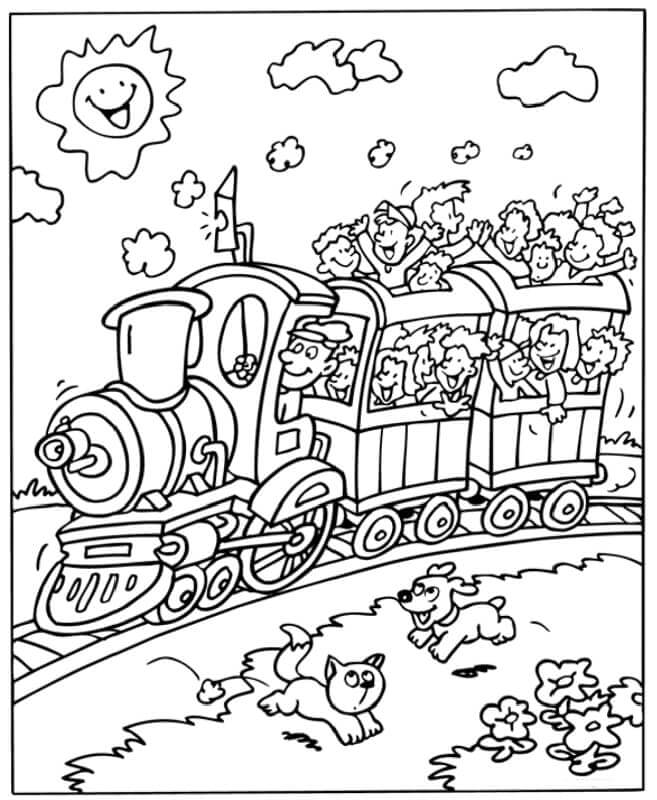 Lapset junassa Värityskuva