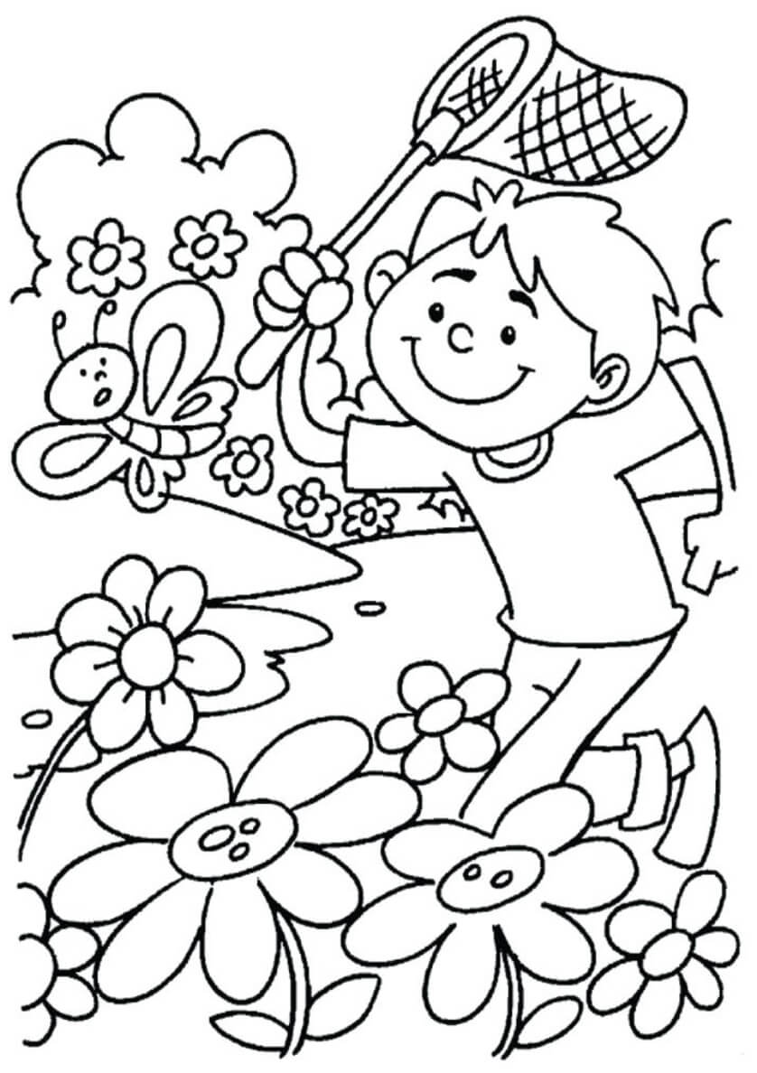 Lapsi perhosen kanssa keväällä Värityskuva