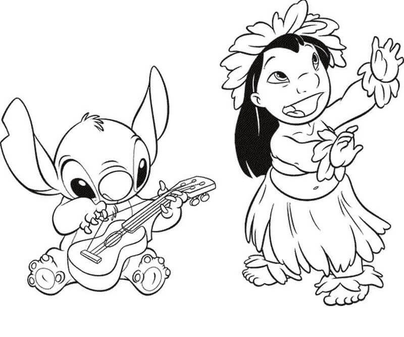 Lilo tanssi ja Stitch soittaa kitaraa Värityskuva