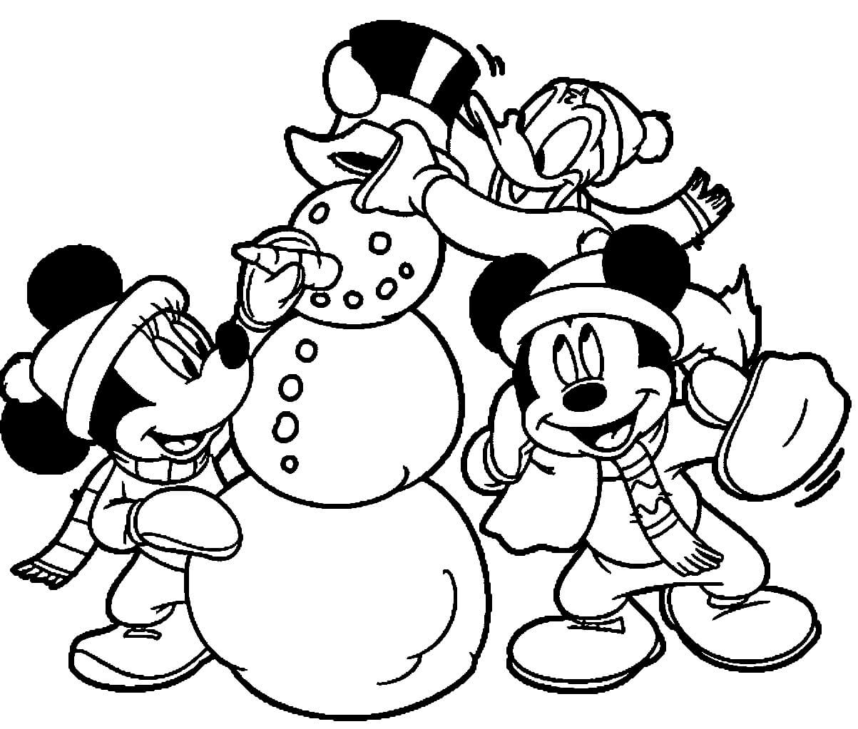 Mikki Hiiri Ja Hänen Ystävänsä Rakentavat Lumiukkoa Värityskuva