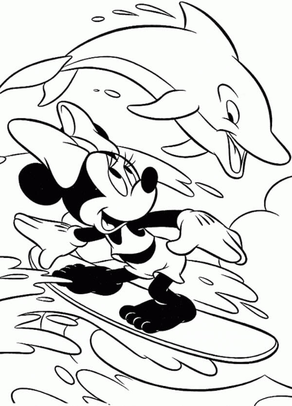 Minnie Mouse surffaa delfiinien kanssa Värityskuva