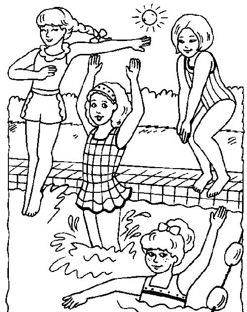 Neljä tyttöä uima-altaassa Värityskuva