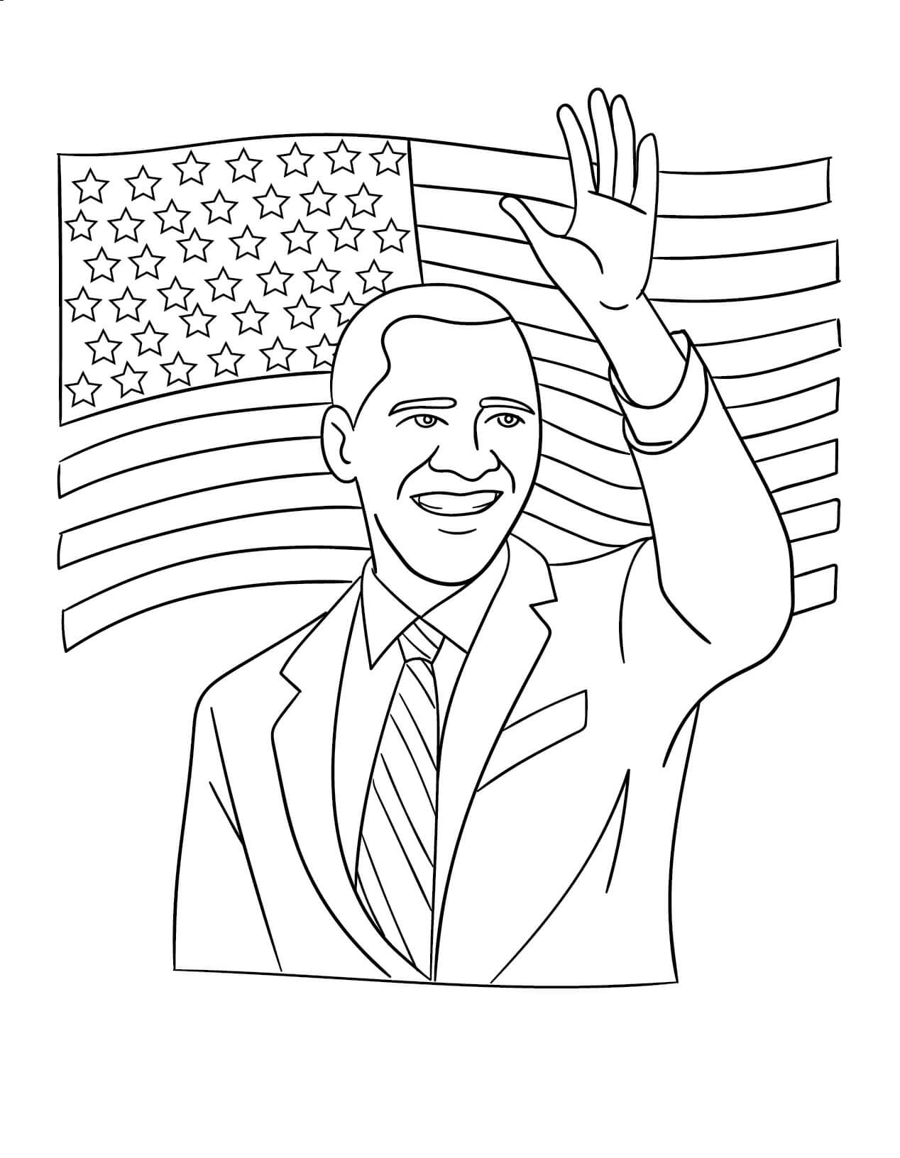 Obama tervehtii Amerikan lipun kanssa Värityskuva