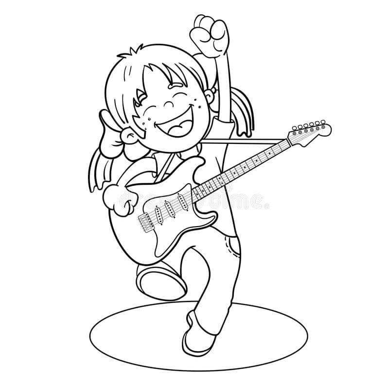 Onnellinen tyttö kitaran kanssa Värityskuva