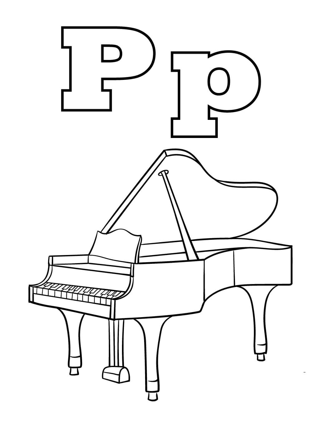 P-kirjain ja piano Värityskuva
