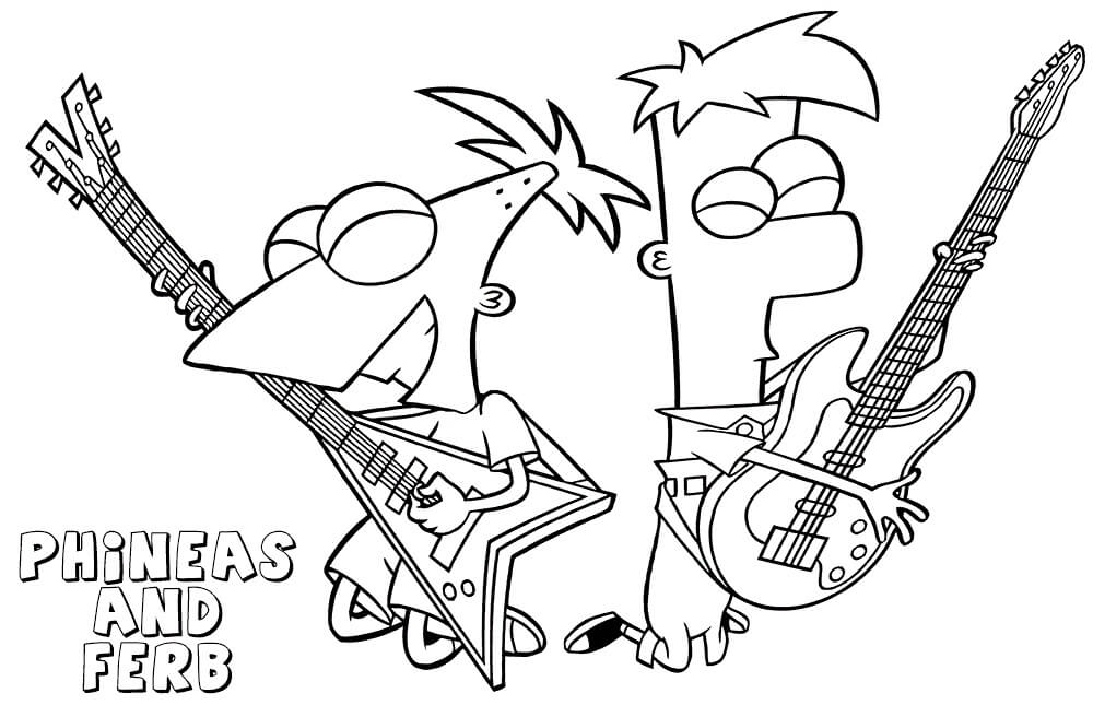 Phineas ja Ferb soittavat kitaraa Värityskuva