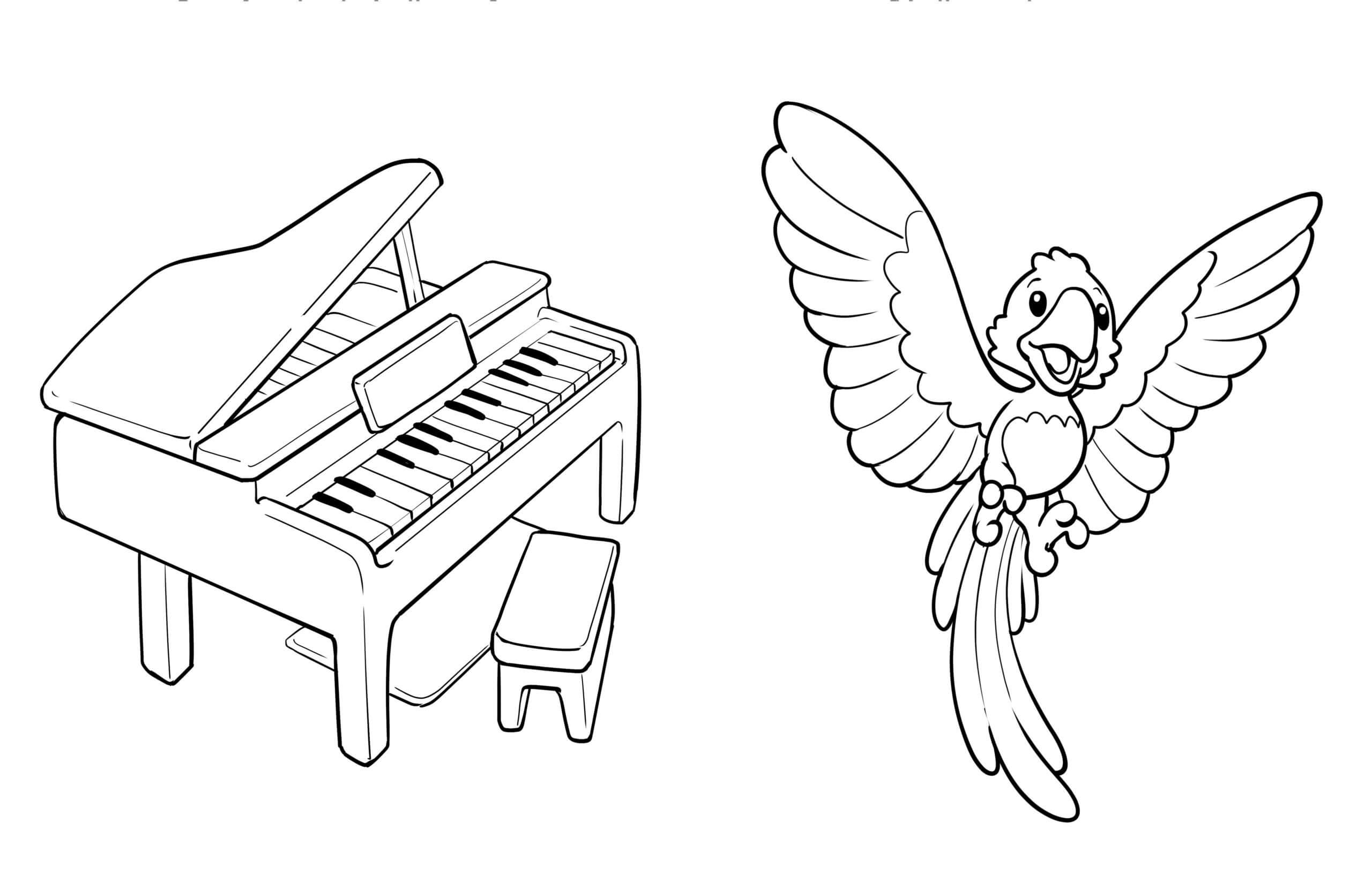 Piano ja papukaija Värityskuva
