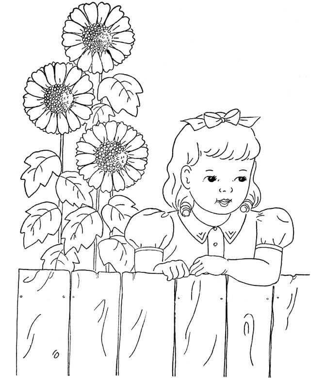 Pieni tyttö auringonkukan kanssa Värityskuva