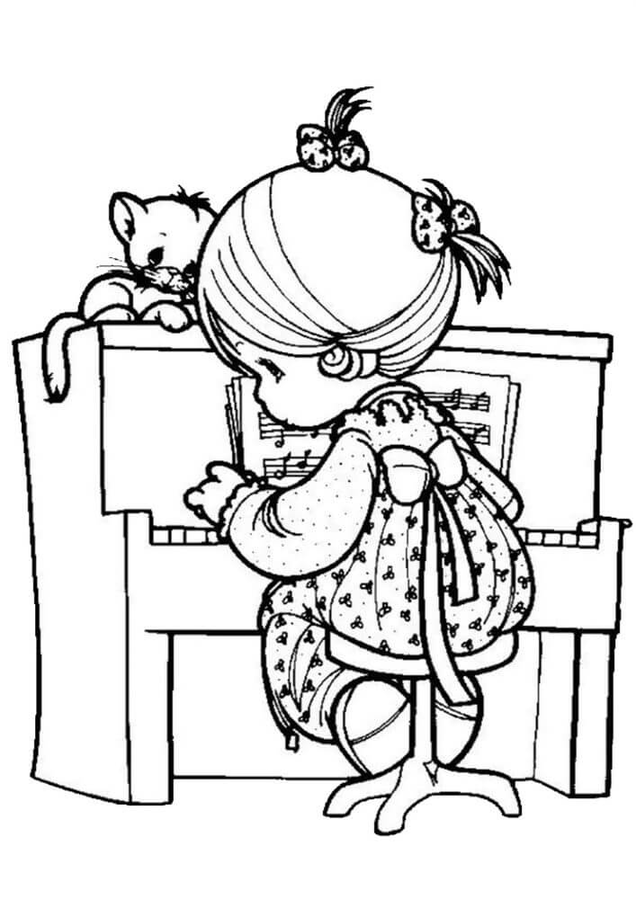 Pieni tyttö Soittaa Pianoa kissanpennun kanssa Värityskuva
