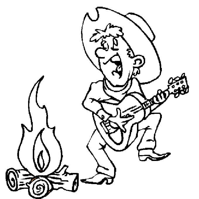 Piirustus Cowboy soittamassa kitaraa Värityskuva