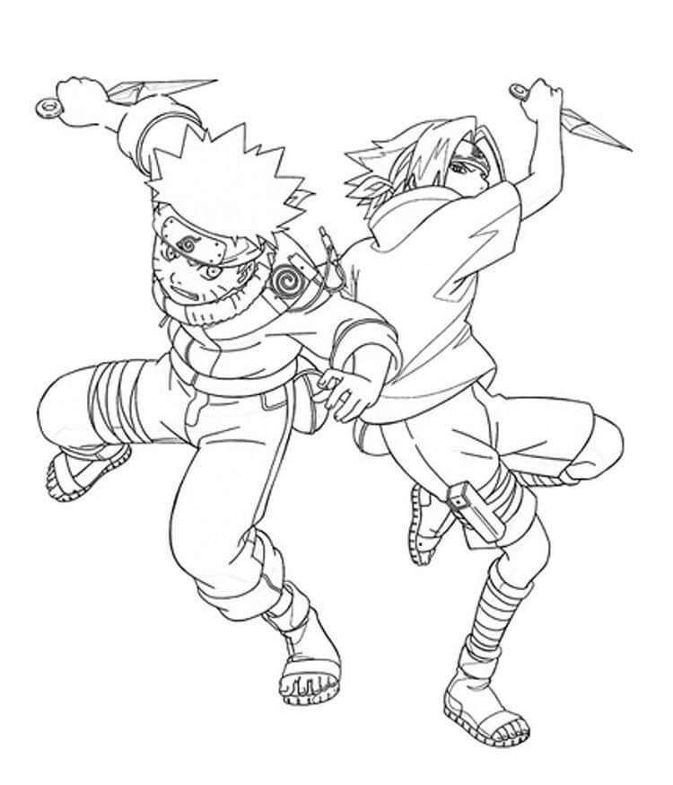 Pikku Sasuke ja Naruto Taistelevat Värityskuva