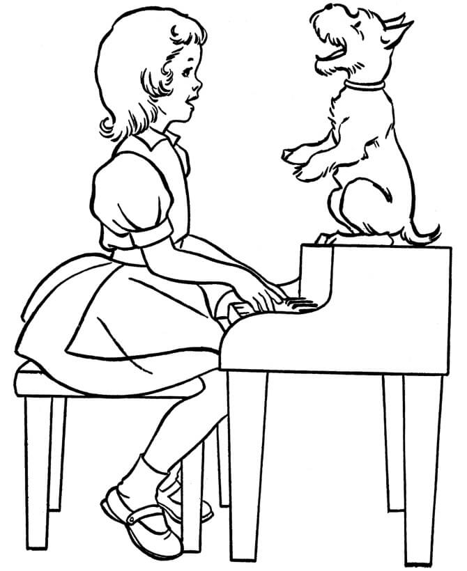 Pikkutyttö soittaa pianoa koiran kanssa Värityskuva