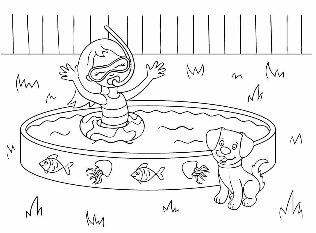 Pikkutyttö uima-altaassa koiran kanssa Värityskuva