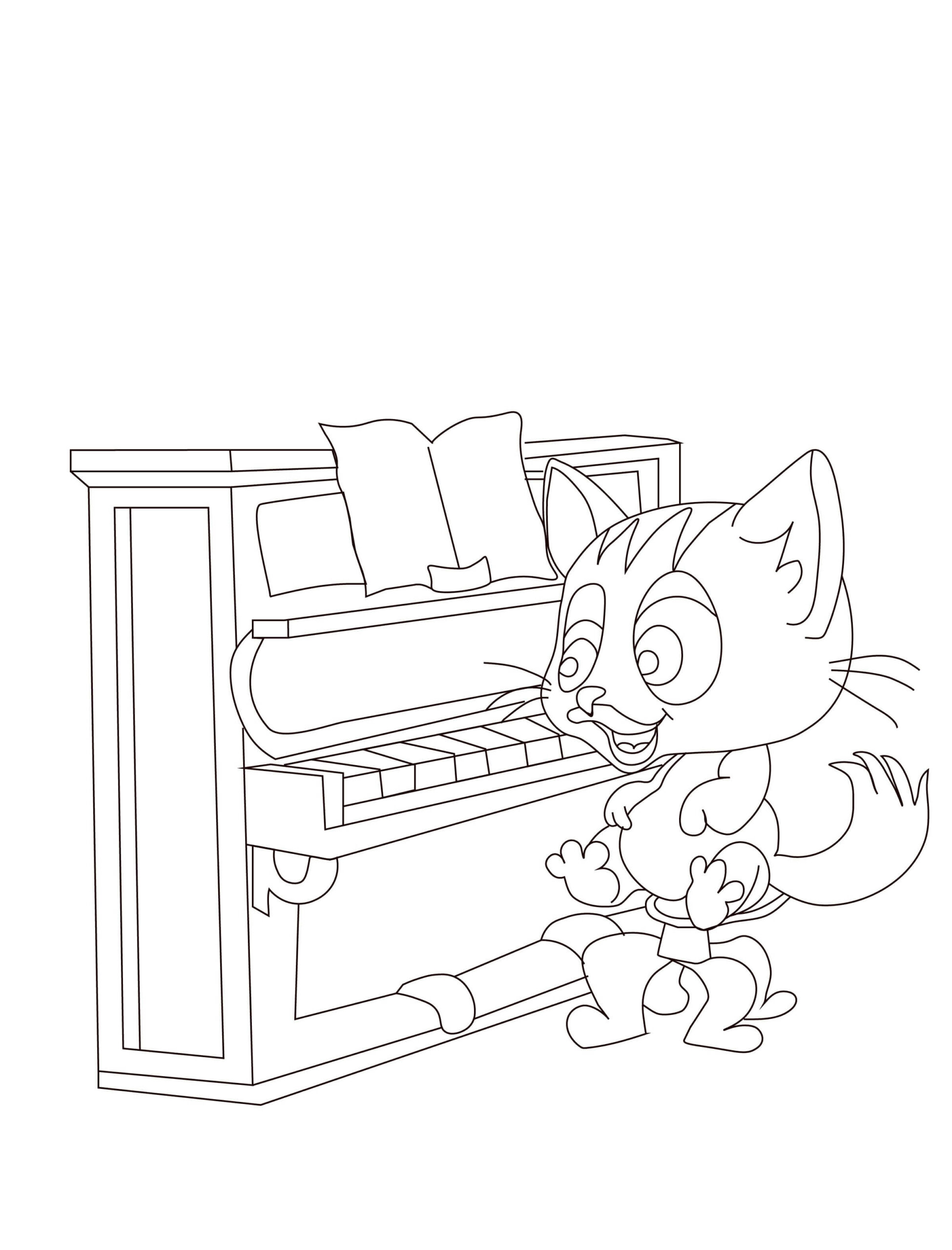 Sarjakuva kissa soittaa pianoa Värityskuva