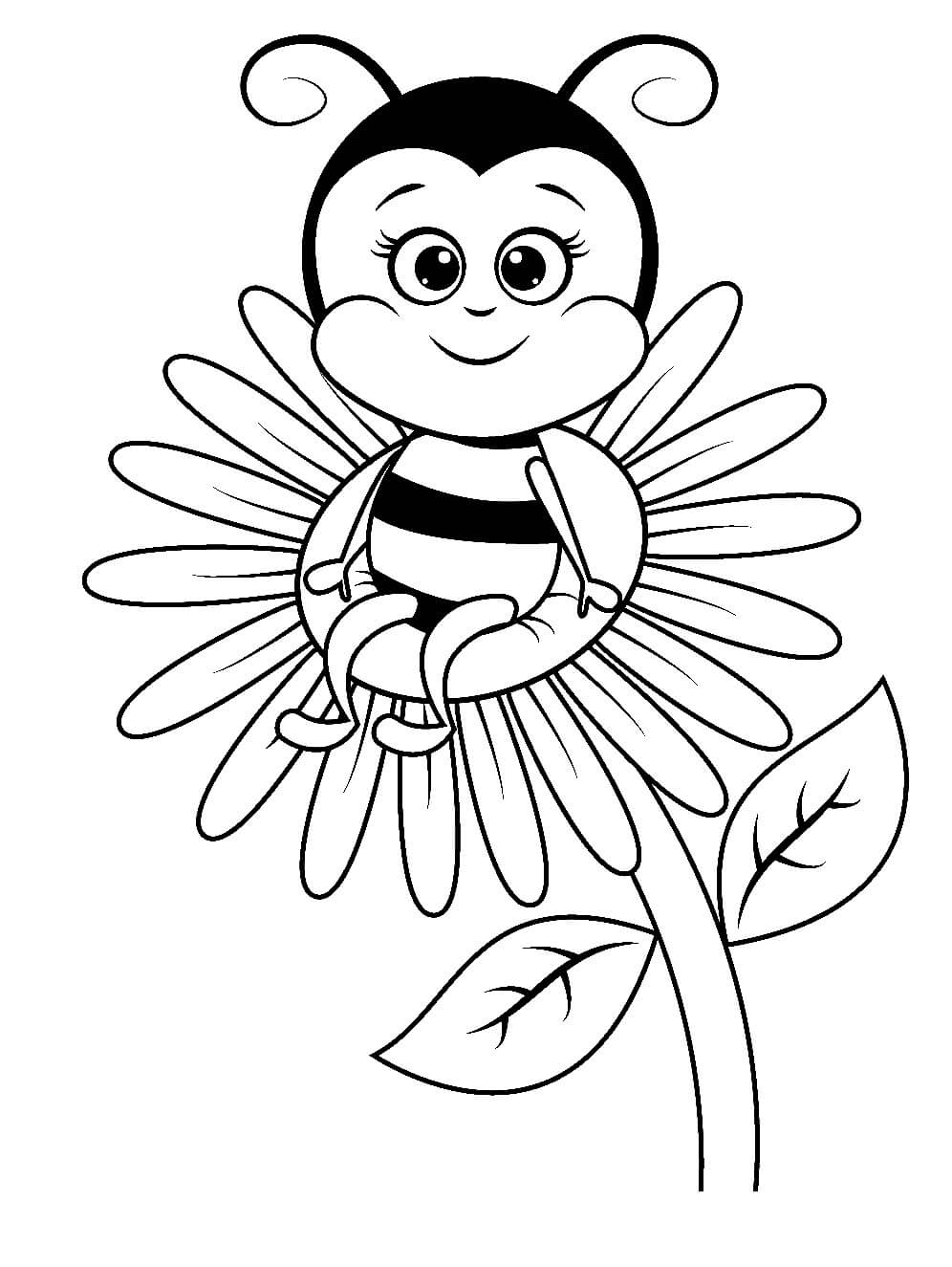 Sarjakuva mehiläinen istuu kukkalla Värityskuva